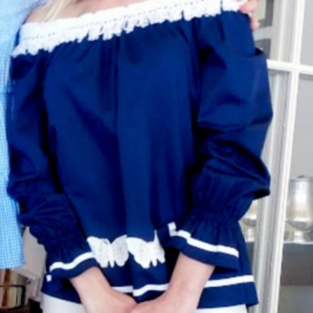 Sara Campbell Butterfly Navy Blue Popover Blouse Top Size Small NEW NWT